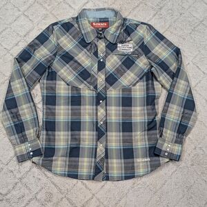 Simms Shirt Womens M Blue Green Plaid Western Ranch Fishing Outdoor Nylon